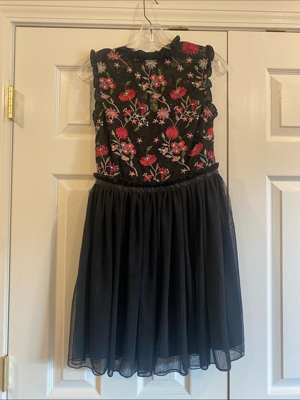 Jodi Kristopher Black Dress with Pink & Red Floral Embroidery